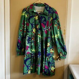Beautiful Garden Green Floral Dress with Tiers and Balloon Sleeves Size Large